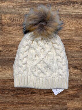 J Crew NWT Ivory Cable Knit Faux Fur Big Oversized Pom Beanie Hat AG533 One SIze
